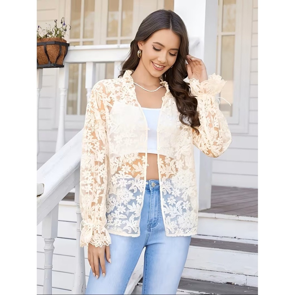 Unbranded Floral Lace Button‎ Down Blouse Cream Ruffle Cuff Long Sleeve NEW L
